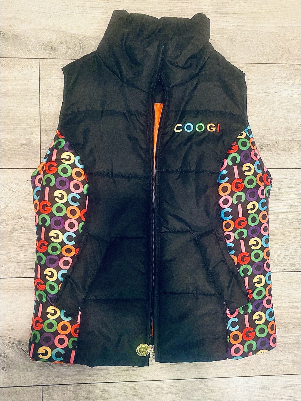 Vintage COOGI Black Puffer Vest with Multicolor Logo Panel Sz S